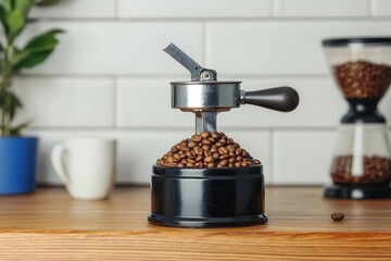 Coffee culture: The perfect grind by a barista. Coffee grinder with beans on a wooden table and a coffee setup in background.