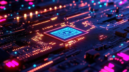 Obraz premium Glowing microchip on a futuristic circuit board