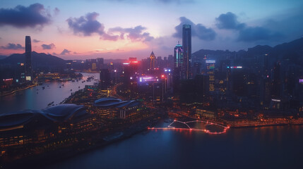 Fototapeta premium Smart digital Innovation city with connection network reciprocity over the twilight cityscape. of future smart wireless digital city and social media networking systems that connects people with city