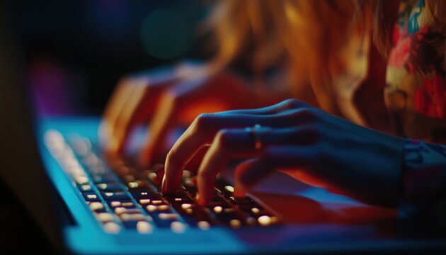 Woman'S Hands In Close-Up Coding Html And Programming On A Laptop Screen, Developing Websites As A Web Developer.