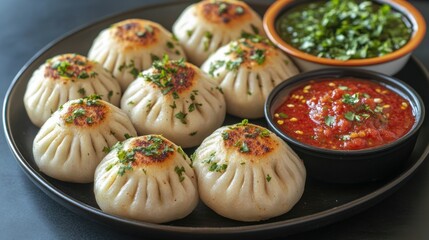 Pan-fried dumplings, sauces, dark background, food blog