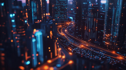 Obraz premium Smart digital Innovation city with connection network reciprocity over the twilight cityscape. of future smart wireless digital city and social media networking systems that connects people with city