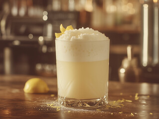 Detailed close-up of a Gin Fizz cocktail with lemon zest and a creamy foam layer, set on a rustic bar counter with blurred atmospheric background.