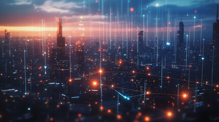 Obraz premium Smart digital Innovation city with connection network reciprocity over the twilight cityscape. of future smart wireless digital city and social media networking systems that connects people with city