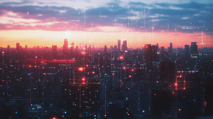 Smart digital Innovation city with connection network reciprocity over the twilight cityscape. of future smart wireless digital city and social media networking systems that connects people with city