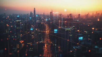 Fototapeta premium Smart digital Innovation city with connection network reciprocity over the twilight cityscape. of future smart wireless digital city and social media networking systems that connects people with city