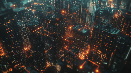 Fototapeta premium Smart digital Innovation city with connection network reciprocity over the twilight cityscape. of future smart wireless digital city and social media networking systems that connects people with city