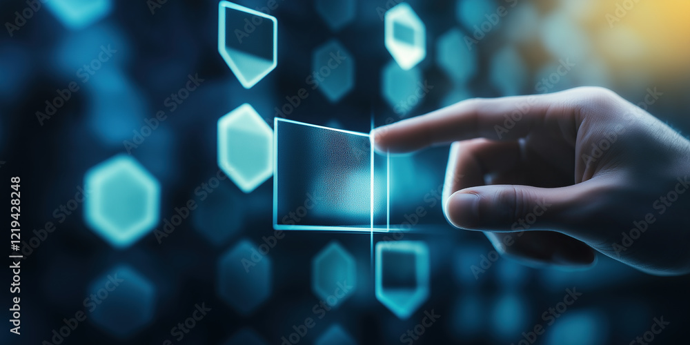 Poster hand pushing a button on a touch screen interface