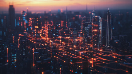 Fototapeta premium Smart digital Innovation city with connection network reciprocity over the twilight cityscape. of future smart wireless digital city and social media networking systems that connects people with city