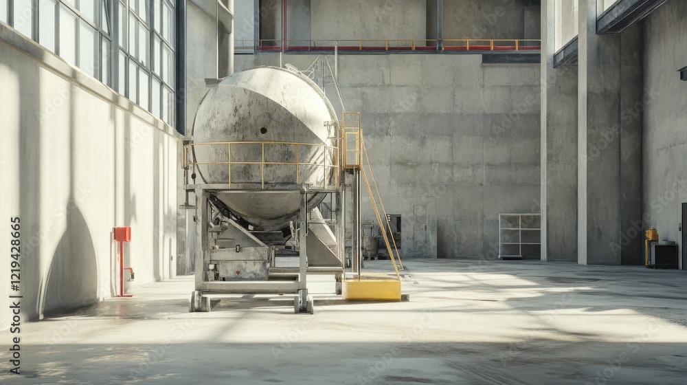 Poster automated industrial mixer with hopper filled with dry plaster, awaiting water addition, for efficie