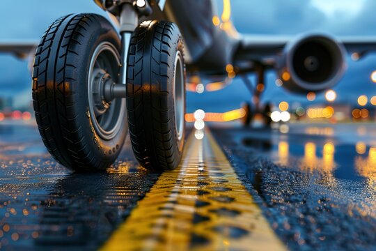 Close-up of aircraft landing gear wheels on a wet runway, highlighting the texture and detail under moody, cloudy skies. front wheel of airplane