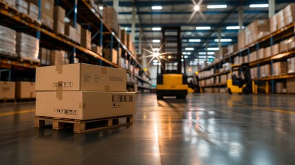Fototapeta premium Retail warehouse, distribution center, full of shelves with goods and products in boxes and cartons, with pallets and forklifts. Background Logistics and transportation.