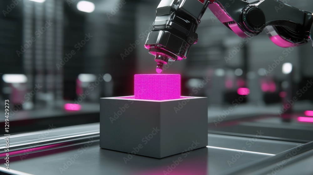 Aufkleber 3d render of a robotic arm adding pink pixels to a grey box.