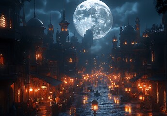 Obraz premium Moonlit Night Over an Oriental Cityscape with Lit Streets and Domed Buildings