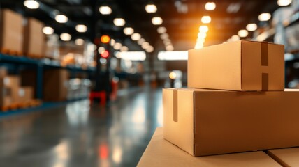 Obraz premium Retail warehouse, distribution center, full of shelves with goods and products in boxes and cartons, with pallets and forklifts. Background Logistics and transportation.