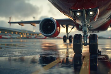 A low-angle view of a red commercial airplane's landing gear, showcasing the tires reflecting in wet tarmac under dramatic lighting. front wheel of airplane