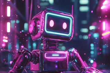 Cute robot with glowing neon eyes in a futuristic urban environment filled with lights.