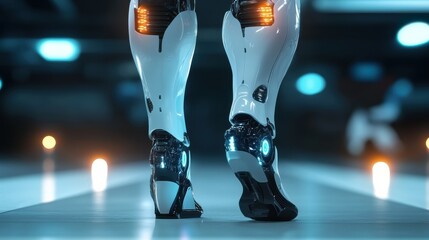 Futuristic robotic legs walking on a smooth floor with glowing lights.