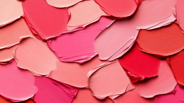 Different shades of pink and red lipstick are smeared on a surface, creating a vibrant and textured pattern that evokes beauty, cosmetics, and makeup artistry