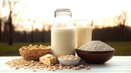 Fresh Milk and Oats Display with Cheese and Flour in Natural Setting