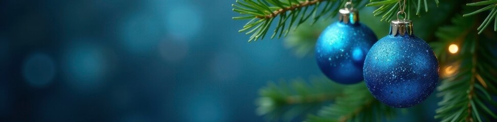 Blue glitter ball ornaments hanging from a evergreen, sparkle, sparkle, glassy