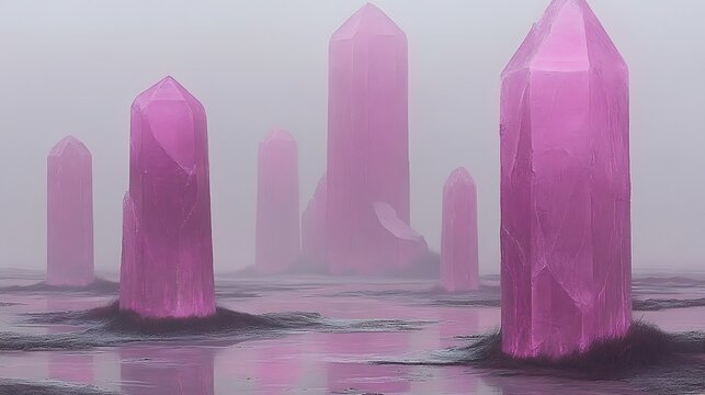 A surreal digital artwork of floating glowing crystals surrounded by mist. - Powered by Adobe