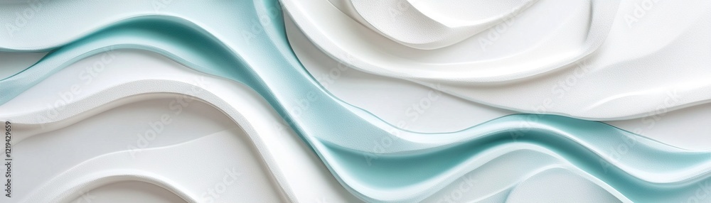 Poster a series of overlapping wave shapes in shades of blue and turquoise flows smoothly across a light gr