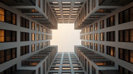 Obraz premium Looking up at modern buildings, capturing geometric lines and wa