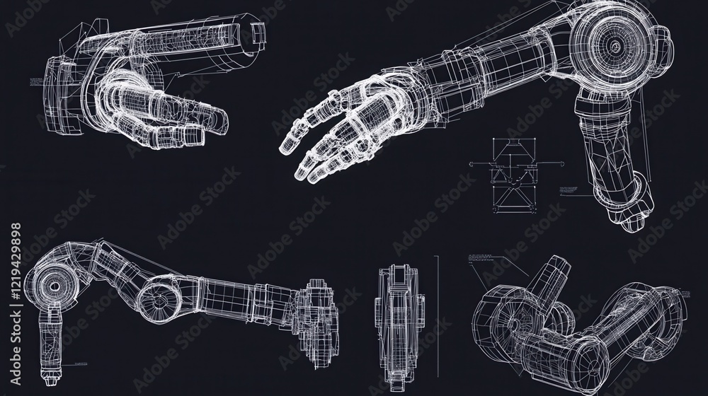 Poster wireframe model of a robotic arm in various stages of motion, engineering drawing, robotics design