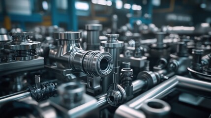 A photo image of various metal pipe connectors such as fittings, couplings, adapters, and valves in a warehouse or industrial setting.
