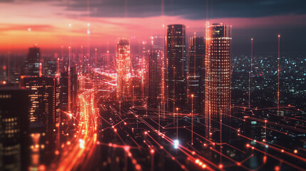 Fototapeta premium Smart digital Innovation city with connection network reciprocity over the twilight cityscape. of future smart wireless digital city and social media networking systems that connects people with city