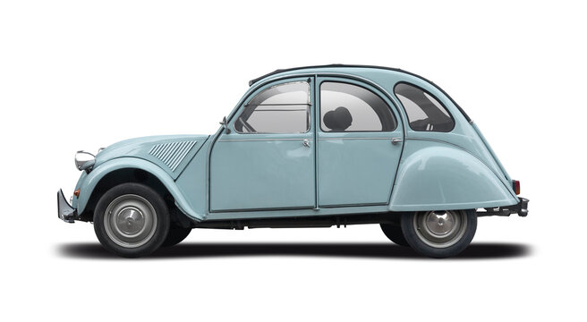 Citroen 2CV classic car side view isolated on white background	