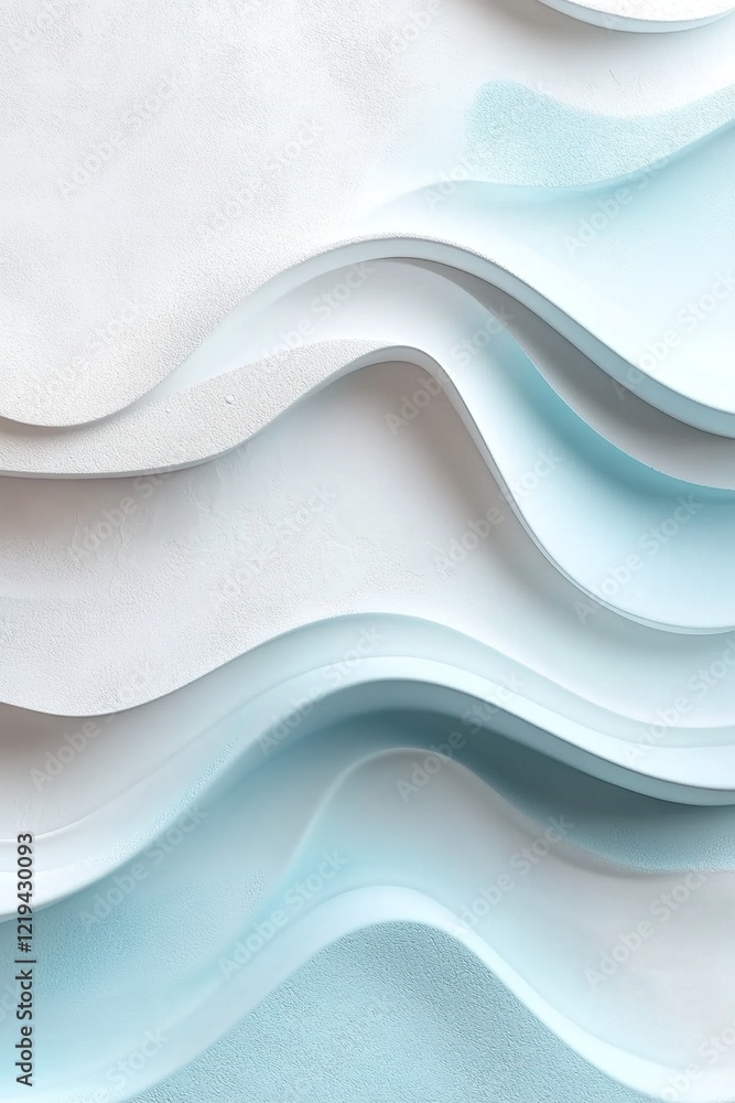 Poster a collection of overlapping wave shapes in various shades of blue and turquoise forms a soft and mod