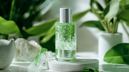 Green skincare product on marble, surrounded by plants.  Perfect for beauty ads