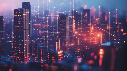 Fototapeta premium Smart digital Innovation city with connection network reciprocity over the twilight cityscape. of future smart wireless digital city and social media networking systems that connects people with city
