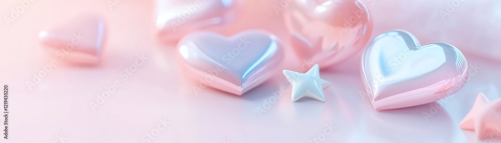 Poster translucent hearts and stars create an enchanting arrangement on a smooth white surface. soft shadow