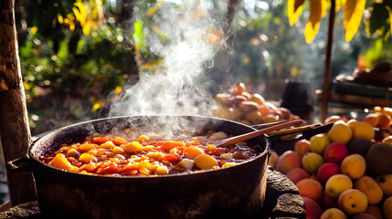 An Inviting Scene of a Large Pot of Bubbling Fruit Preserves Cooking Over an Open Fire in a Rustic Kitchen