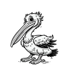 Black and white sketch of a pelican with detailed feathers and a large beak. Ideal for nature-themed and wildlife projects. Isolated vector illustration.