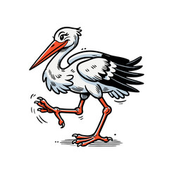 Fototapeta premium A walking stork illustration with a dynamic pose, featuring delicate feathers and a long beak. Ideal for nature and wildlife projects. Isolated vector illustration.