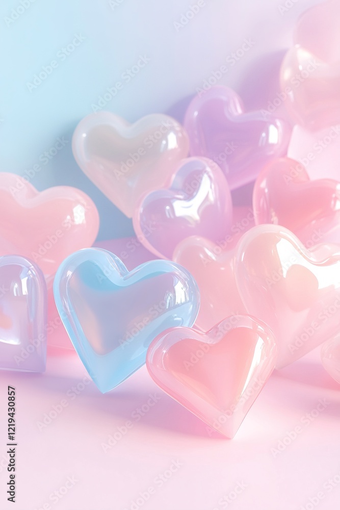 Poster A collection of translucent hearts in pastel colors overlap on a smooth surface, casting soft shadows and reflections against a gradient backdrop, allowing space for text placements