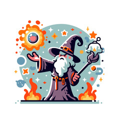 Fototapeta premium A colorful wizard character in a magical outfit, holding a glowing orb with fire effects. Fantasy-themed illustration perfect for books, games, and storytelling. Isolated vector illustration.