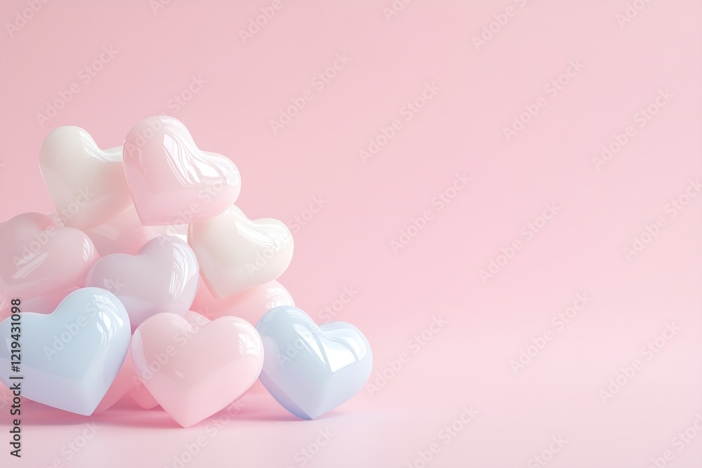 Poster soft shadows and reflections form as translucent hearts and stars overlap on a smooth white surface,