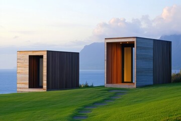 Fototapeta premium Modern wooden cabins overlooking the ocean in a serene landscape at dusk, showcasing the harmony between architecture and nature
