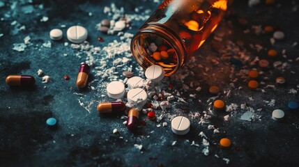 Broken pills and whiskey bottles scattered on a dark backgrounds symbolizing the devastating effects of drug and alcohol addiction on mental health.