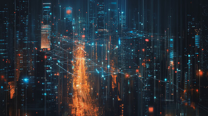 Obraz premium Smart digital Innovation city with connection network reciprocity over the twilight cityscape. of future smart wireless digital city and social media networking systems that connects people with city