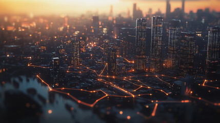 Fototapeta premium Smart digital Innovation city with connection network reciprocity over the twilight cityscape. of future smart wireless digital city and social media networking systems that connects people with city
