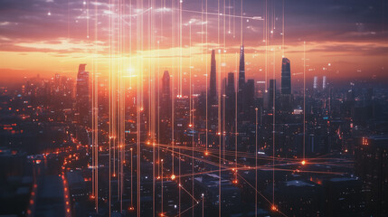 Fototapeta premium Smart digital Innovation city with connection network reciprocity over the twilight cityscape. of future smart wireless digital city and social media networking systems that connects people with city