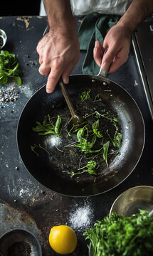 Chef saut&eacute;ing fresh greens with zesty lemon