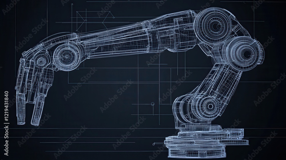Poster detailed 3d blueprint of a robotic arm designed for intricate assembly