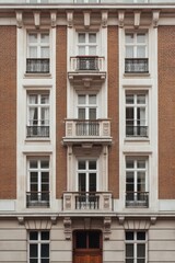 Obraz premium The stunning architecture of a brick building features charming balconies, all set against an urban backdrop that highlights classic European design elements